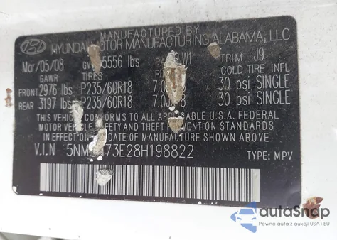 2008 Hyundai Santa Fe Limited/Se z USA, uszkodzony, nr VIN 5NMSH73E28H198822